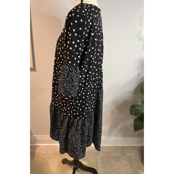 CAARA Millazo Black Polka Dot Asymmetrical Shift Crew Neck Dress Size Large - Picture 5 of 16